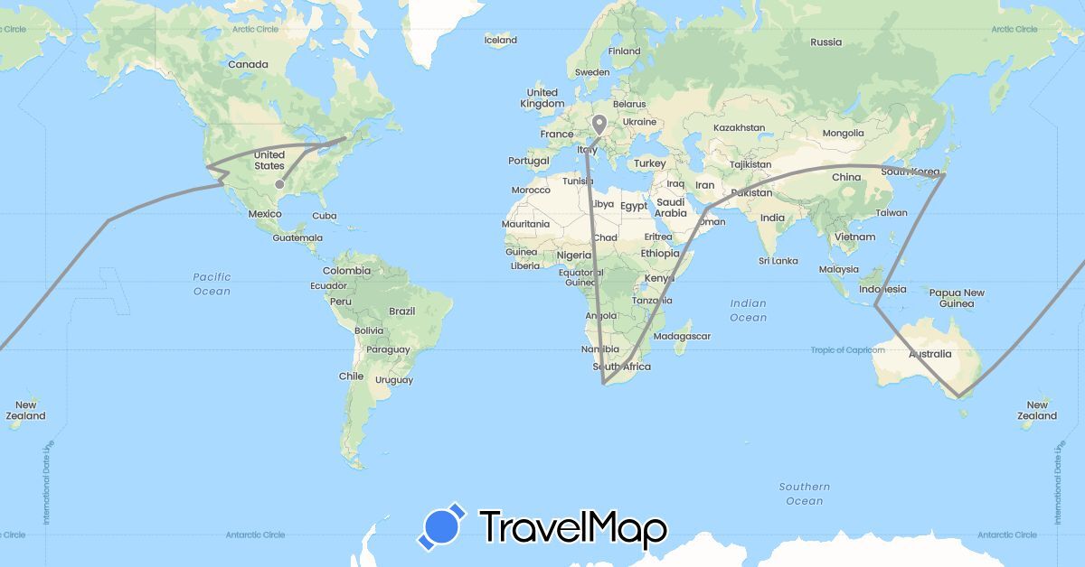 TravelMap itinerary: driving, plane in United Arab Emirates, Australia, Canada, Croatia, Indonesia, Italy, Japan, United States, South Africa (Africa, Asia, Europe, North America, Oceania)