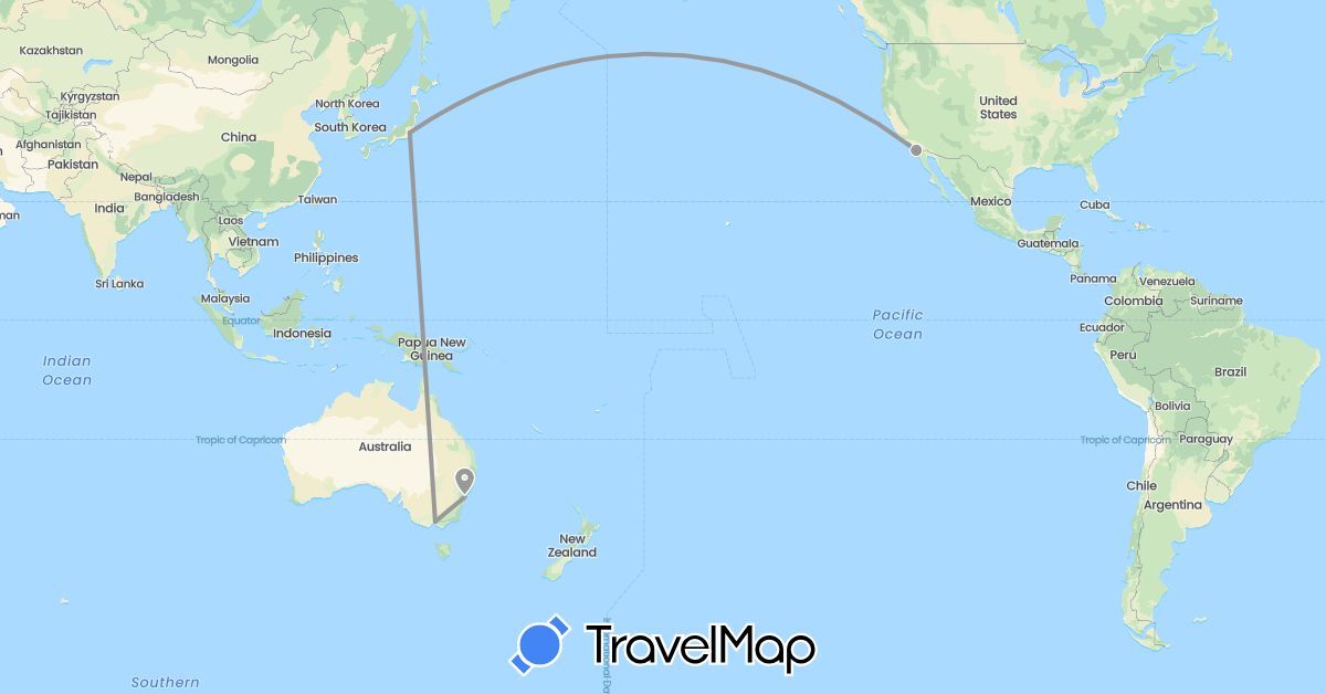 TravelMap itinerary: driving, plane in Australia, Japan, United States (Asia, North America, Oceania)